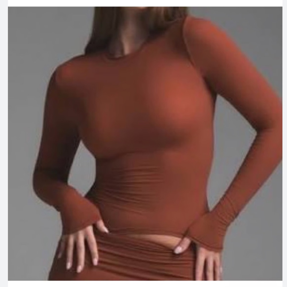 SKIMS Long Sleeve Crewneck Top in Rust Brown